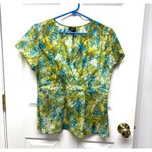 Talbots Green and Blue Floral Faux Wrap Blouse, Short Sleeves, Women's Size 10